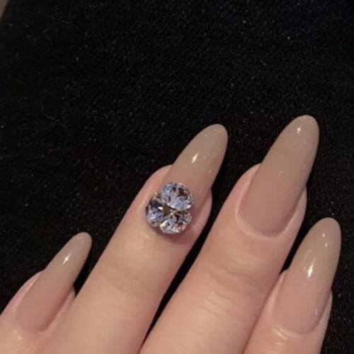 24pcs False Nails With Glue Short Pointed Diamond Skin Color Nail Stickers Finished Fake Nails Press On Nail With Rhinestones DL