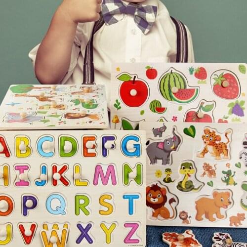 30cm Baby Toys Montessori Wooden Puzzle Hand Grab Board Educational Wood Puzzles for Kids Cartoon Animal Vehicle Child Gift