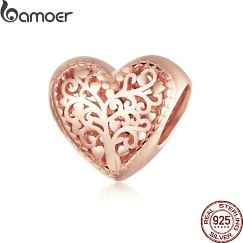 Bamoer Sterling Silver 925 Rose Gold Color Tree of Life Heart Charm for Bracelet Fashion DIY Jewelry Accessories BSC215
