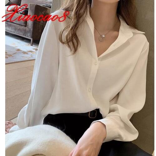 2021 New Spring Women White Chiffon Blouse Plus Size Office Lady Elegant Full Shirt Tops Oversize Female Solid Shirts
