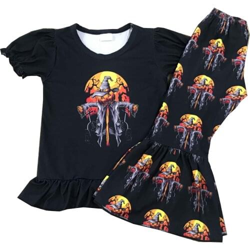 Boutique new halloween style polyester short sleeve ruffles summer baby girl clothing outfit set