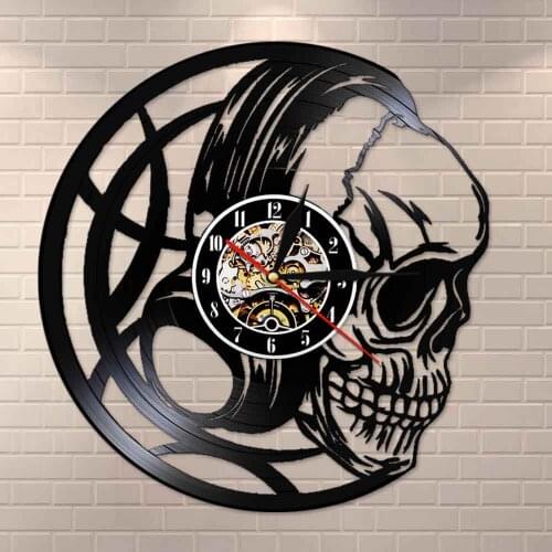 Black Skull Head Clock Watch Vanitas Dark Art Evil Skull Headphones Vinyl Record Wall Clock Decor Quartz Wall Clock Gift for Men