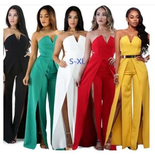 Elegant Evening Strapless Jumpsuit Boot Cut Pants Romper Thigh High Split Party Occasion Yellow White Wide Leg Jumpsuits