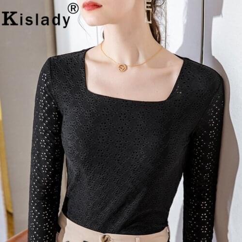 Kislady Floral Hollow Out Gothic Harajuku Shirt Sexy Square Collar Vintage Charming Women Shirt Korean OL Patchwork Tops Clothes