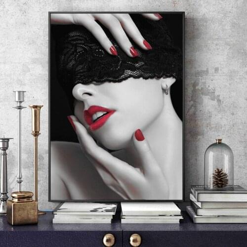 Red Lips Women with Lace Eye Mask Canvas Oil Painting on Canvas Posters and Prints Cuadros Wall Art Pictures for Living Room