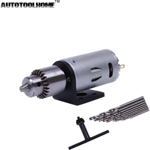 AUTOTOOLHOME Mini DC 12V Electric Motor for Wood PCB Hand Drill Press Drilling 0.5-3mm Twist Bits and JTO Chucks Bracket Stand