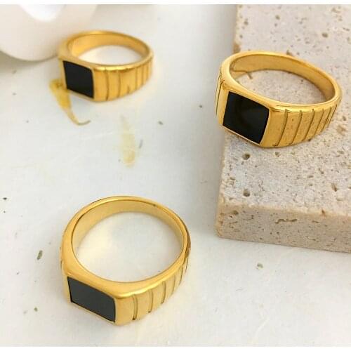 Monlansher Unique Gold Color Titanium Steel Ring Black Enamel Geometric Square Rings Minimalist Finger Rings Trendy Jewelry
