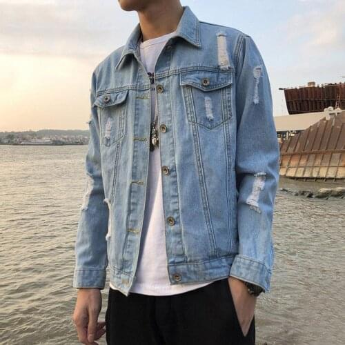 Mens Denim Jacket Autumn Winter Fashion Ripped Hole Denim Jacket Men Pockets Blue Jeans Bomber Jackets Coat Plus size 2011157