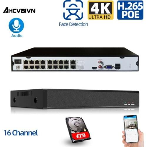 AHCVBIVN 8MP 4K NVR Plug & Play 4K NVR with 1/2 SATA Interfaces 16CH POE Port for Onvif Security AI Face Camera H.265 P2P Xmeye