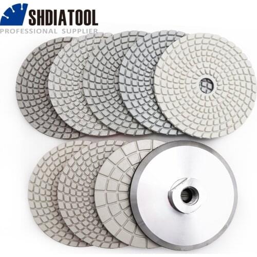 SHDIATOOL 8 pcs 4"/100MM Diamond White Resin Bond Wet Flexible Polishing Pads With Backer Sanding Disc Marble Granite Polishing