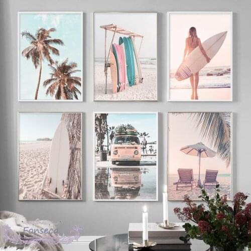 Nordic Sunny Beach Blue Bus Surf Girl Palm Tree Poster Wall Art Canvas Painting Decorative Landscape Pictures for Living Room