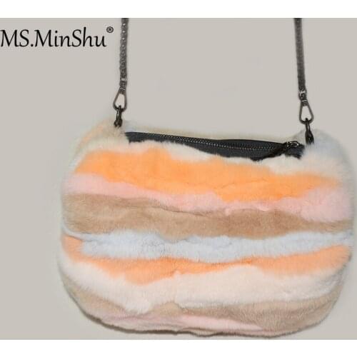 MS.Minshu Natural Fur Handbag Handmuff Hand Warmer With detachable Chain Natural Rex Rabbit Fur Patchwork