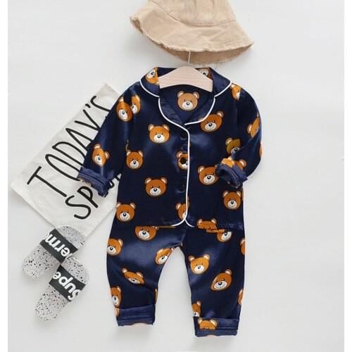 TELOTUNY kids clothes Toddler Baby Boys Long Sleeve Button lapels Cartoon Bear Tops Homewear+Pants Pajamas Sleepwear Outfits