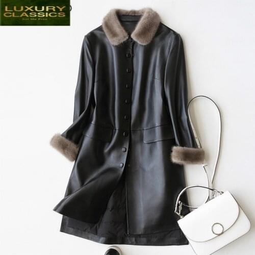 Women Genuine Leather Jacket Natural Sheepskin Coat Female Long Down Parka Real Mink Fur Collar Plus Size Coats LWL1258
