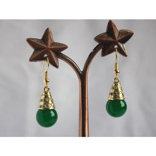 Ladys elegant high quality 18KGP+ 12mm green jades bead hook earring