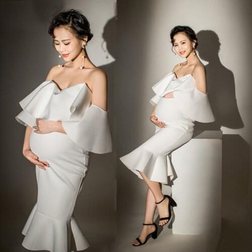 Women Photography Costume Props White Ruffles Off-Shoulder Maternity Dresses Pregnant Dress Studio Photoshoot Photo Clothes