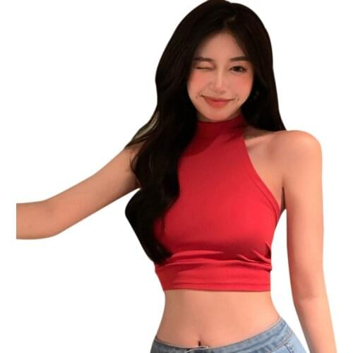 Womens Solid Color Halter Vest Sexy Backless Bandage Exposure Navel Camisole Tank Tops