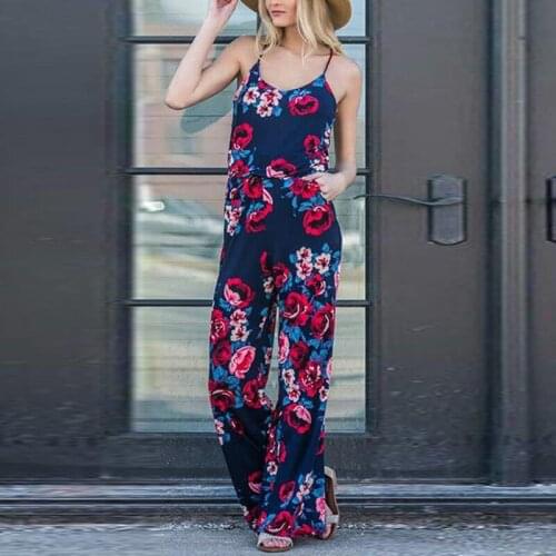 2021 Spring/Summer Fashion New Sling Printed Loose Siamese Pants Ladies V-neck Elastic Waist Sling Sleeveless Siamese Overalls