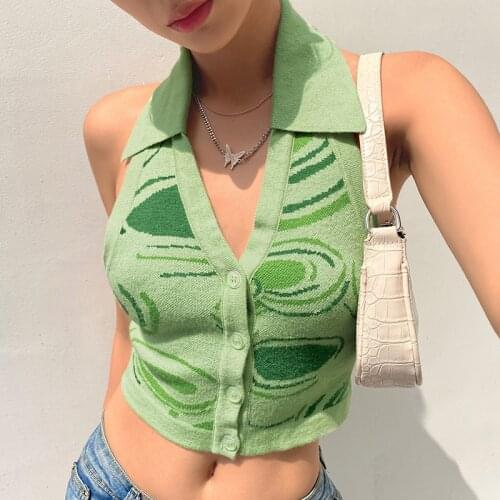 2021 Knit Y2K Crop Top Women Halter Neck Backless Summer Green V Neck Casual Sleeveless Vintage Sexy Tank Tops Woman Clothing