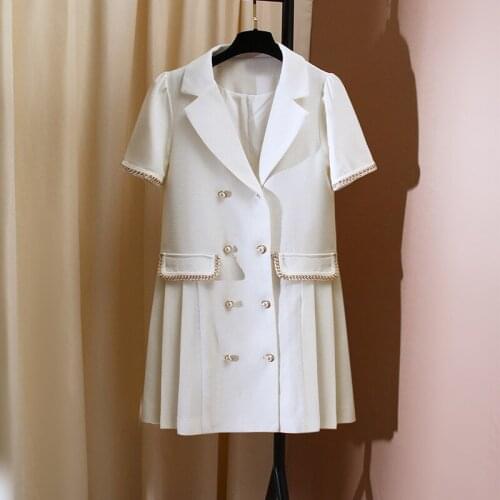 Elegant Office Lady White Double Breasted Mini Pleated Dress Women Summer New Fashion Short Sleeve Casual Suit Dress Vestidos