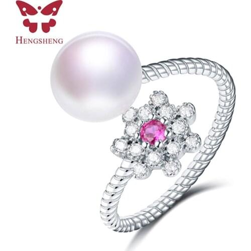Summer New 925 Sterling Silver Rose Red Flower Finger Rings for Women Wedding Silver Open Ring Natural Pearl Jewelry Gift