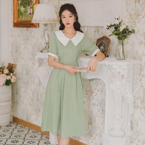 French Retro Literary Preppy Style Dress Women Summer 2021 Peter pan Collar Sweet Cute Bow High Waist Elegant Vestido de mujer
