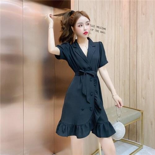 Female Ruffles A-line Dresses Asymmetric 2021 Summer Style Fashion Korean Clothes V-neck Bandage Dresses for Women Black