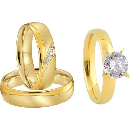 3pcs Love Heart 18k Gold Plated Bridal Wedding Engagement Rings Set for Men And Women Cubic Zirconia Proposal Ring cz Diamond