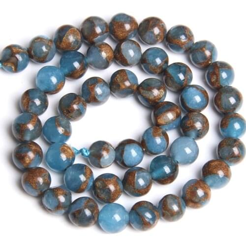 Natural Lake Sky blue Cloisonne Stone beads Gold Sand Round spacer bead smooth Loose Beads For Jewelry Making 6 8 10 12 mm bead