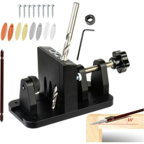 Wood Pocket Hole Jig System 15 Degree Oblique Hole Locator Woodworking Joinery Kit Inclined Drilling Bit Guide Dowel Jig