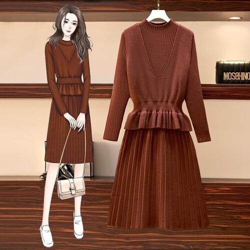 EHQAXIN 2021 Autumn Winter Plus Size Women Dresses Suit Sweet Knitted Pleated Dress + V-Neck Sweater Vest Two-Pieces Set L-3XL