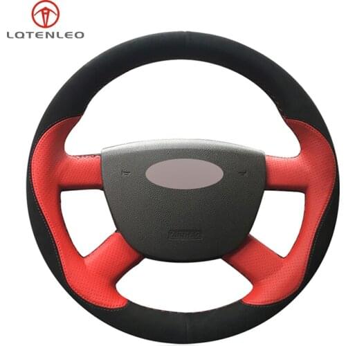 LQTENLEO Black Suede Red Leather Car Steering Wheel Cover For Ford Kuga 2008-2011 Focus 2 2005-2011 Focus 3 2012-2014 C-MAX 2007