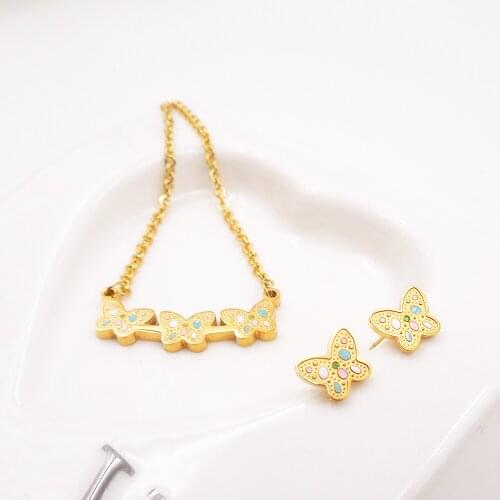 Cute Women 316L Stainless Steel Jewelry Party,Spotted Butterfly Rhinestone Earrings Pendant Necklace set EV-G211