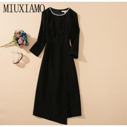 MIUXIMAO Luxurious 2020 Fall Dress Women Black Diamonds Dress Solid Slim Office Lady Casual Dress Women Vestidos