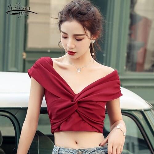 Fashion Vest Crop Top Solid Deep V Neck Off Shoulder Tops 2020 Summer New Sleeveless Slim Ladies Tops Feminine 9330