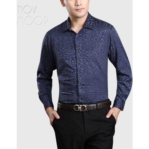 Novmoop pure silk spandex mens jacquard satin shirt business formal wear plaided pattern elegant luxurious style LT3548