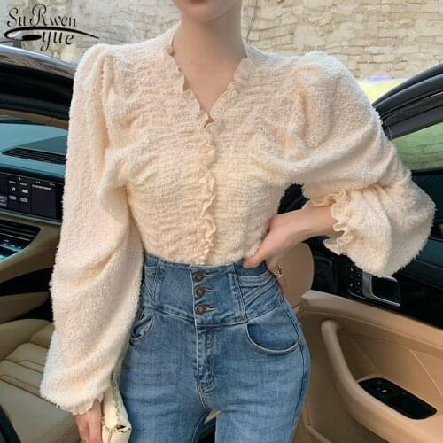 Spring New Korean Loose V-neck Lantern Sleeve Shirt French Sweet Lace Blouse Pleated Long Sleeve Top Women Chemisier Femme 12766