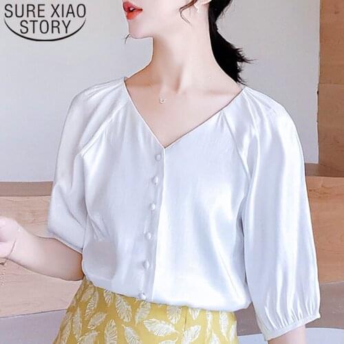 2021 Fashion Women Chiffon Blouses Short Sleeve Casual Women Tops V-neck Solid Button Lantern Sleeve Women Clothing 5384 50