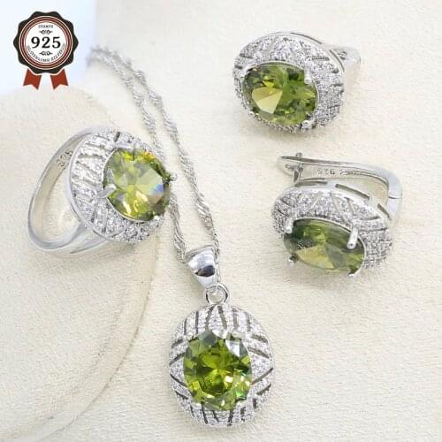 2020 Olive Zicon Silver Color Jewelry Set for Women Hoop Earrings Necklace Pendant Ring Party Wedding Gift