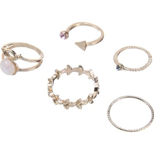 5 pcs/set Gold Ring Set Fashion Crystal Leaf Opal Midi Above Knuckle Punk Ring Women Daily Wear Banquet Jewelry Accessories