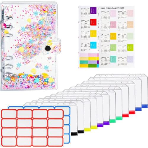 A6 Soft PVC Notebook Binder Cover Planner Protector with 12 Zipper Pockets Folders/Index Label Sticker for Cash Budget Envelope