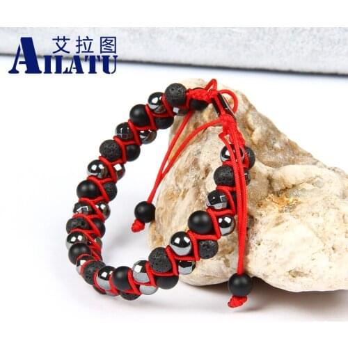 Ailatu Double Row 6mm Stone Bead Bracelet Friendship Braiding Jewelry Lava & Matte Onyx Logo Print for Lover and Company