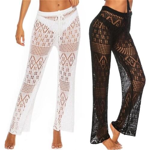 HUAN BEAUTY women trousers Transparent Hollow sexy solid club Beach trousers Wide leg pants horn pants HB-OP9307