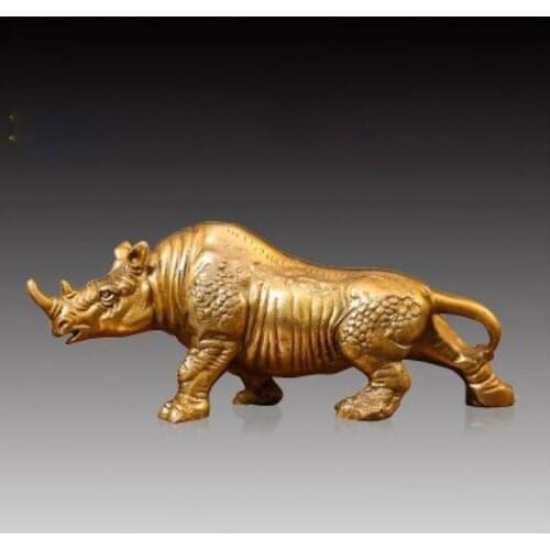 6" China brass Feng Shui Wild Rhino Rhinoceros Bull Ox Animal Statue Sculpture