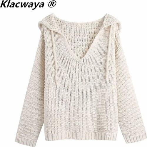 Klacwaya 2021 Women Fashion With Drawstring Knitted Hoodie Sweater Vintage Long Sleeve Female Pullovers Chic Street Knitting Top
