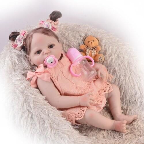Girl baby reborn dolls full vinyl silicone body 23"57cm rooted hair newborn baby real alive doll can bathe bebes reborn