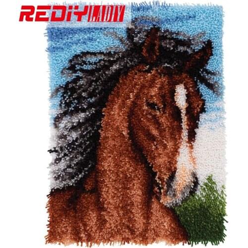 Latch Hook Rug Kits Unfinished Crocheting Tapestry 3D Yarn Needlework Cushion Set for Embroidery Carpet Animals Wild Horse Mat