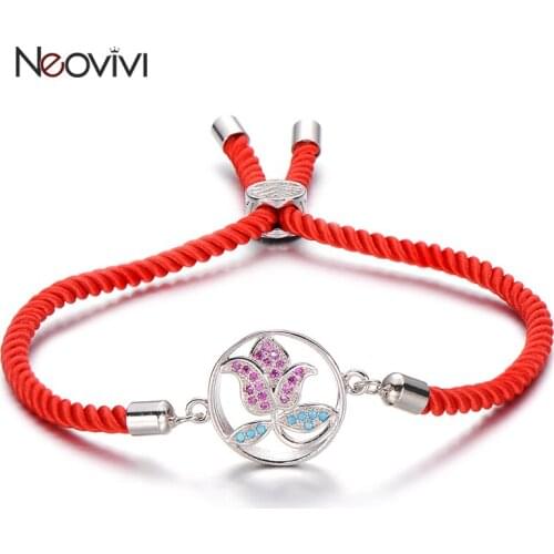 Neovivi Rose Flower Charm Bracelets for Women Girl Gifts Micro Pave Zircon Beads Colorful Rope Chain Bracelet Adjustable Jewelry