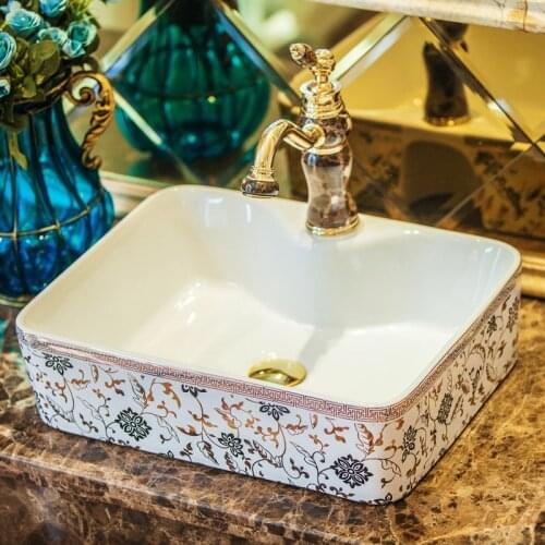 New Rectangular shape Europe style chinese washbasin sink Jingdezhen Art Counter Top ceramic bathroom sink wash sink