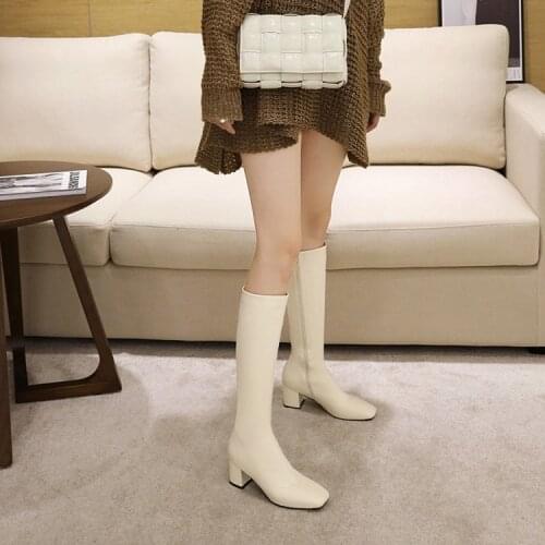 Autumn 2020 new style boots off white square head high heeled womens boots long Knee Boots thin legs handsome boots